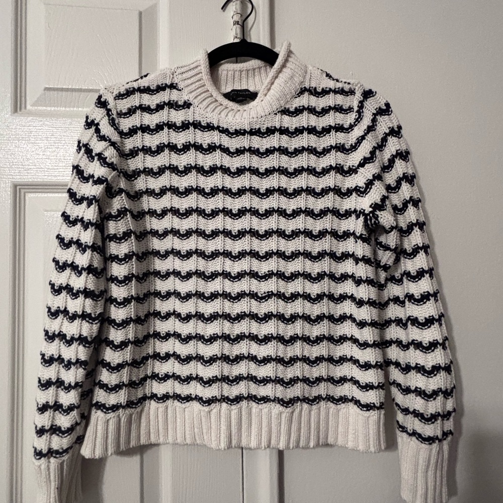 Ann Taylor White Crewneck Sweater with Navy Stripe | Fisherman Sweater